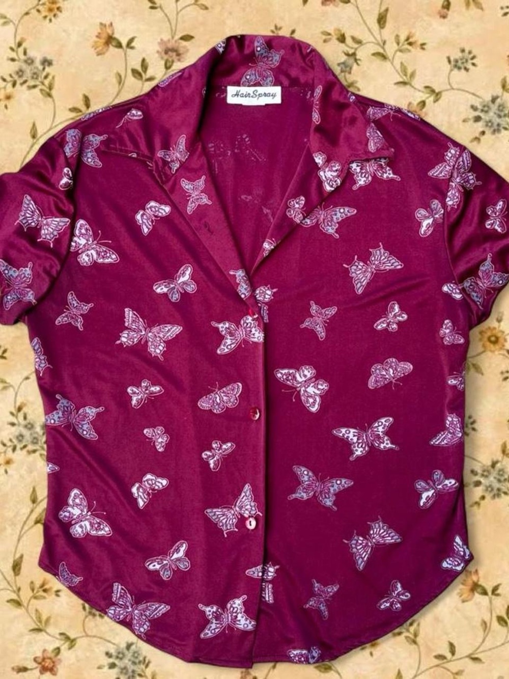 Burgundy Butterfly Button-Up Top